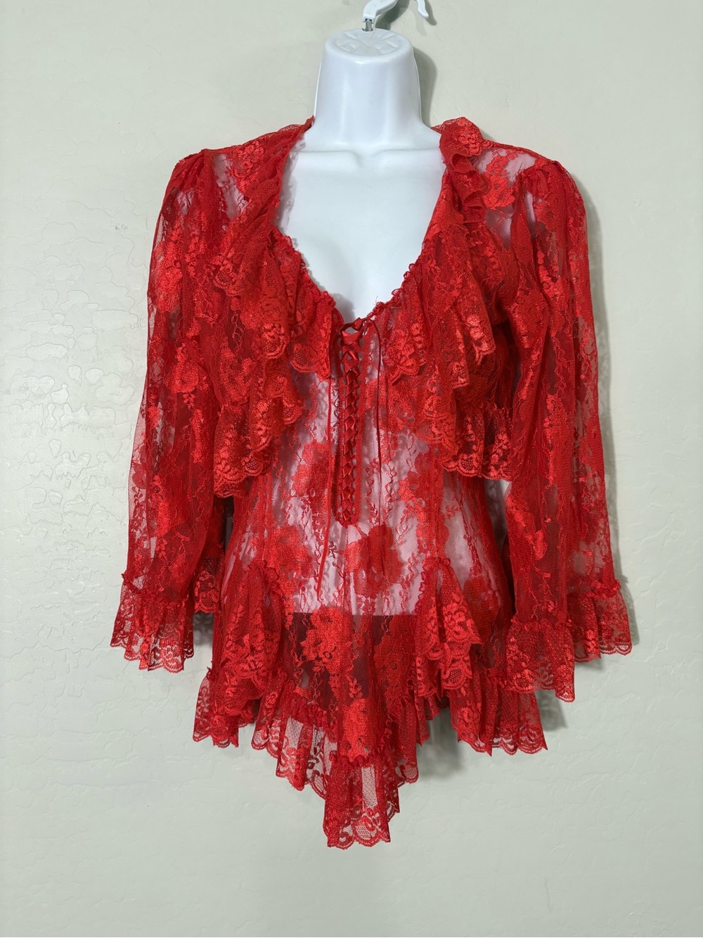 Y2K Red Lace Camisole + Shrug Set Medium Vintage 2000s Sheer Floral Lace Ruffle